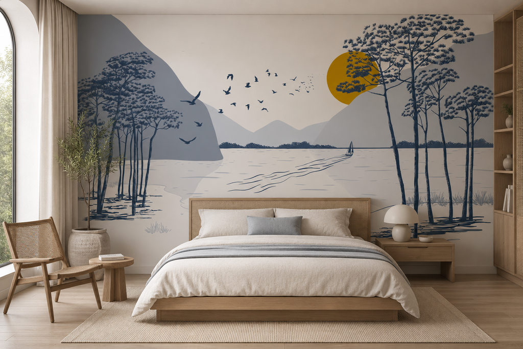 Papier Peint Ombre des pins bateau