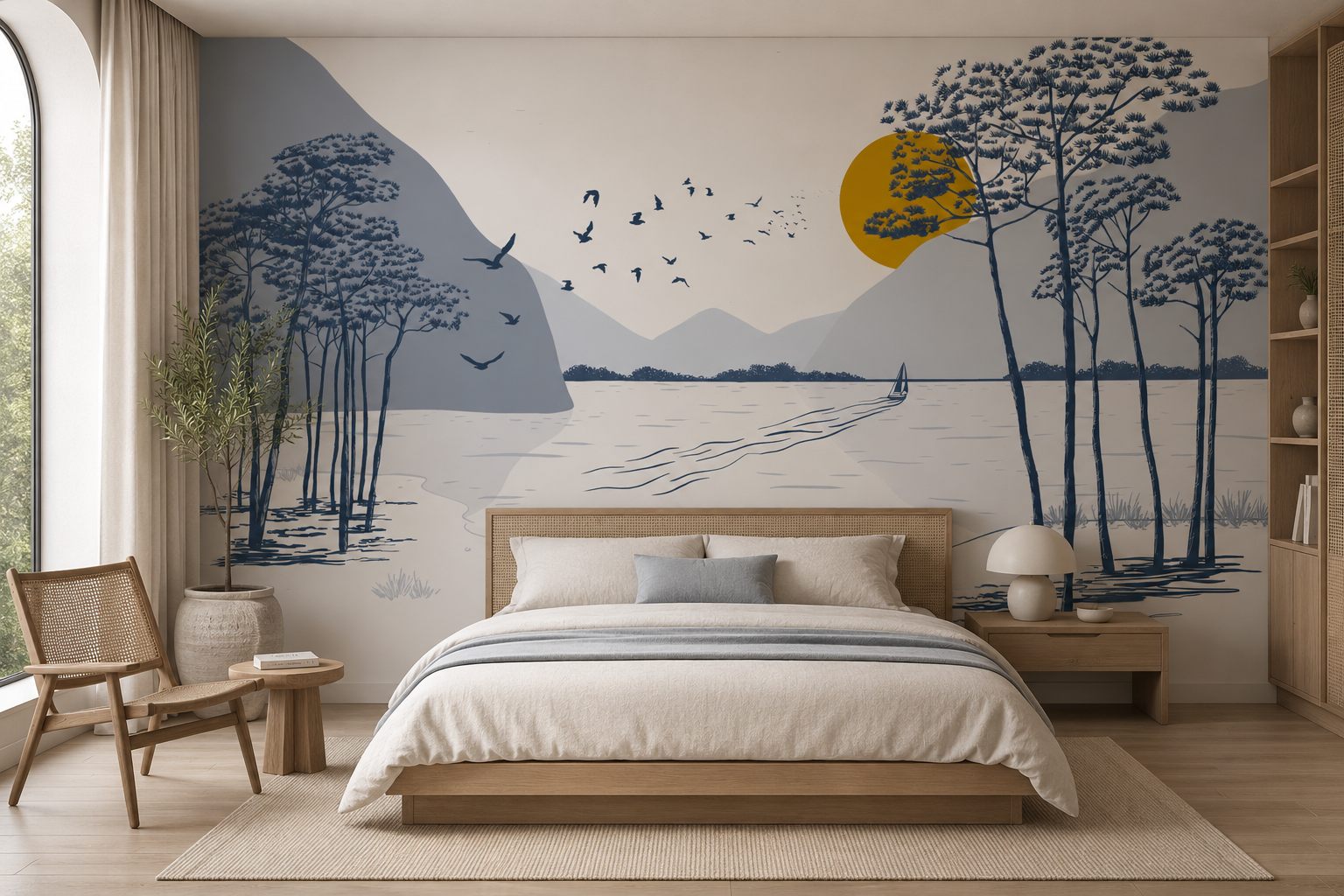 Papier Peint Ombre des pins bateau