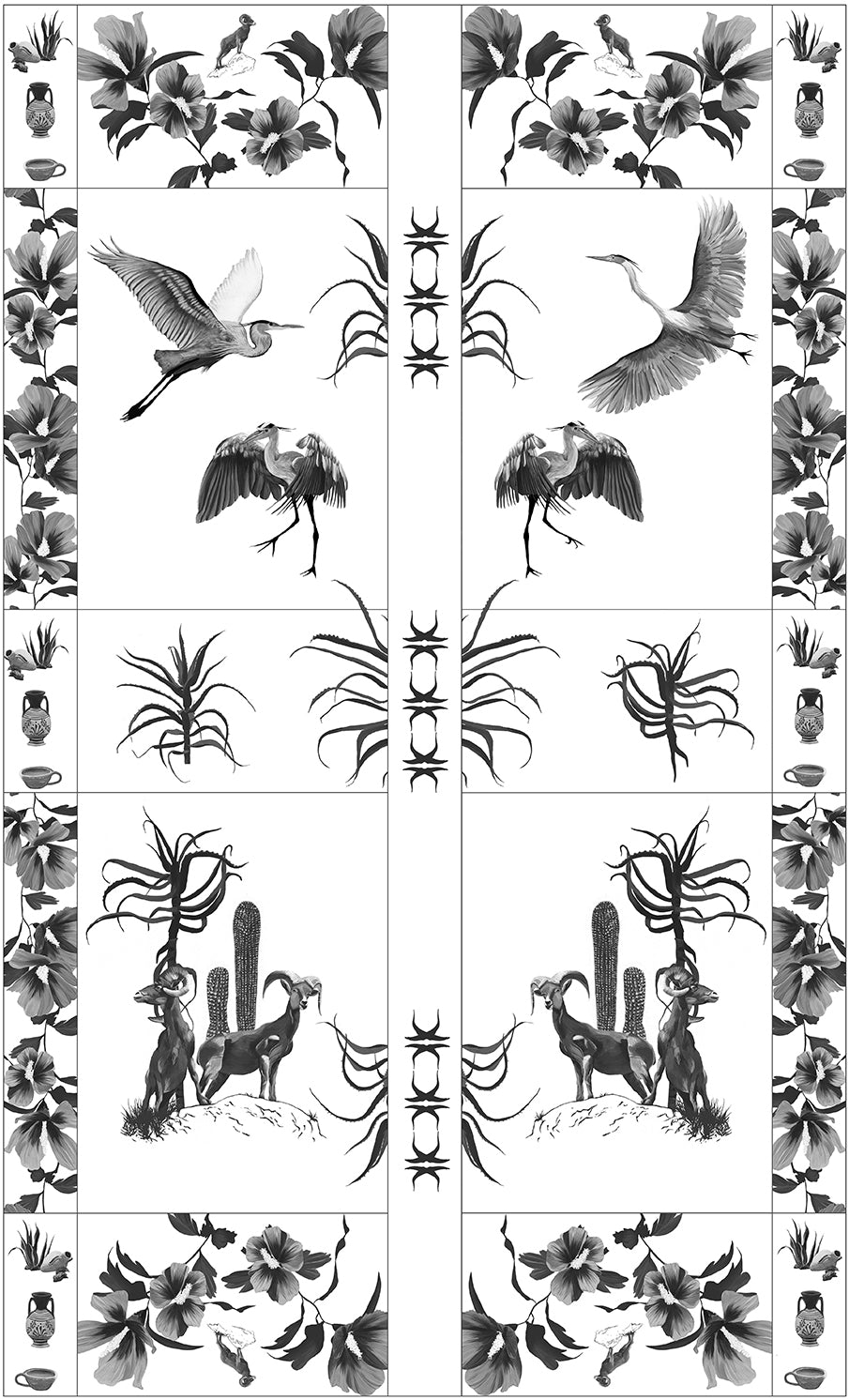 Papier peint Greece d'Amélie Noel représentant des scènes illustrées de grues, de caprins et de motifs floraux en noir et blanc.