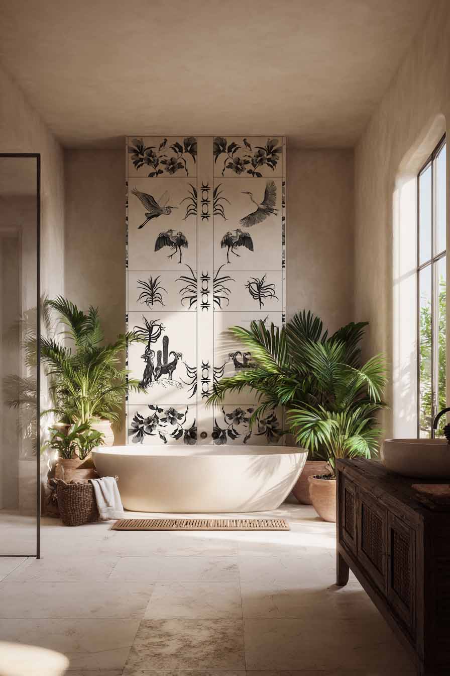Papier peint panoramique Greece installé dans une salle de bain contemporaine.