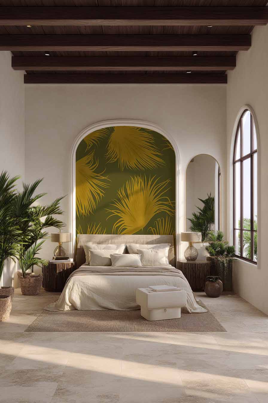 Papier peint Jardin d'Alizés kaki installé dans une chambre contemporaine.