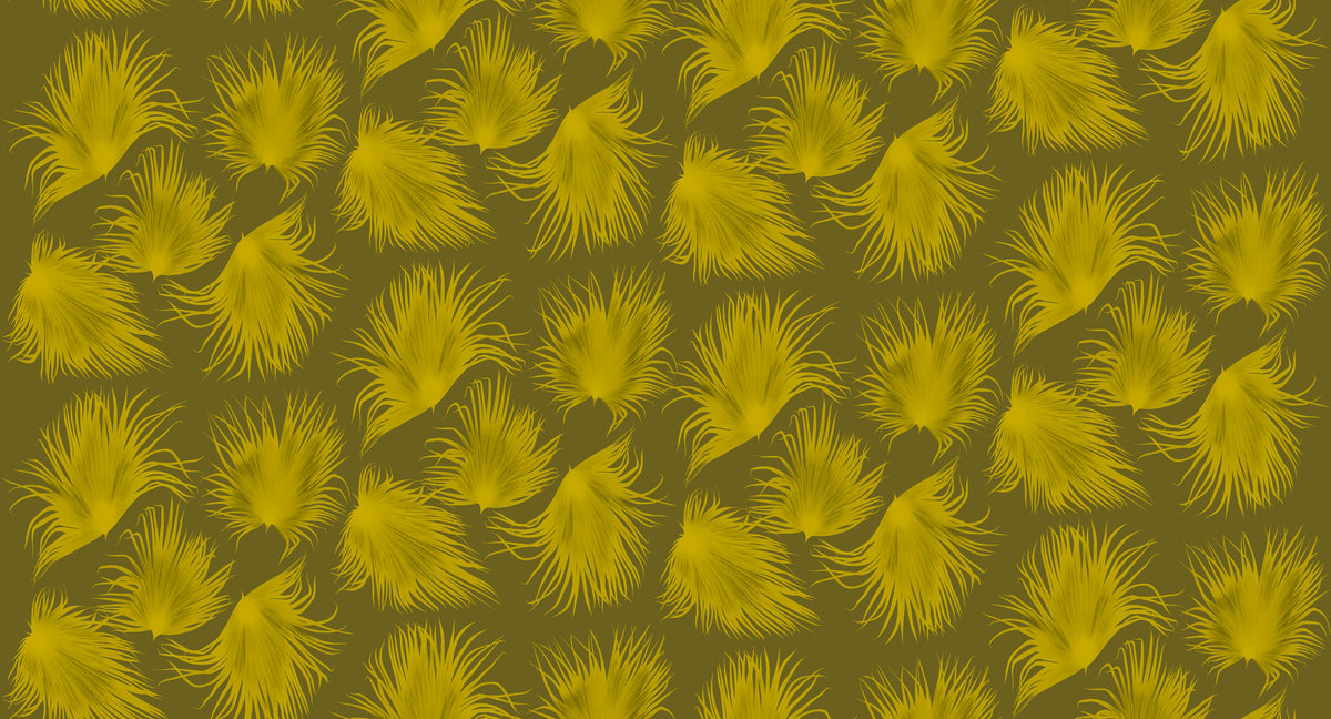 Papier peint Jardin d'Alizés kaki d'Amélie Noël représentant un motif répétitif de feuillages tropicaux aux formes graphiques.