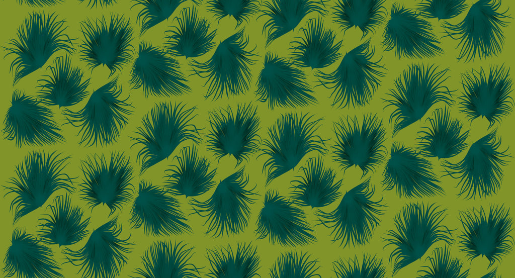 Papier peint Jardin d'Alizés vert d'Amélie Noel représentant un motif répétitif de feuillages tropicaux aux formes graphiques.