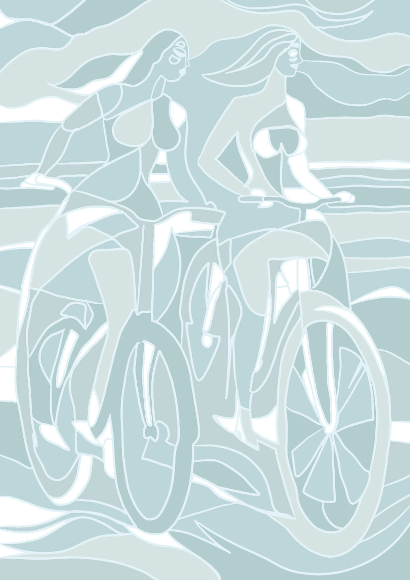 Papier peint panoramique Balade à Bicyclettes de Zontone représentant deux femmes à vélo dans un paysage graphique en bleu ciel.