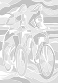 Papier peint panoramique Balade à Bicyclettes de Zontone représentant deux femmes à vélo dans un paysage graphique en gris.