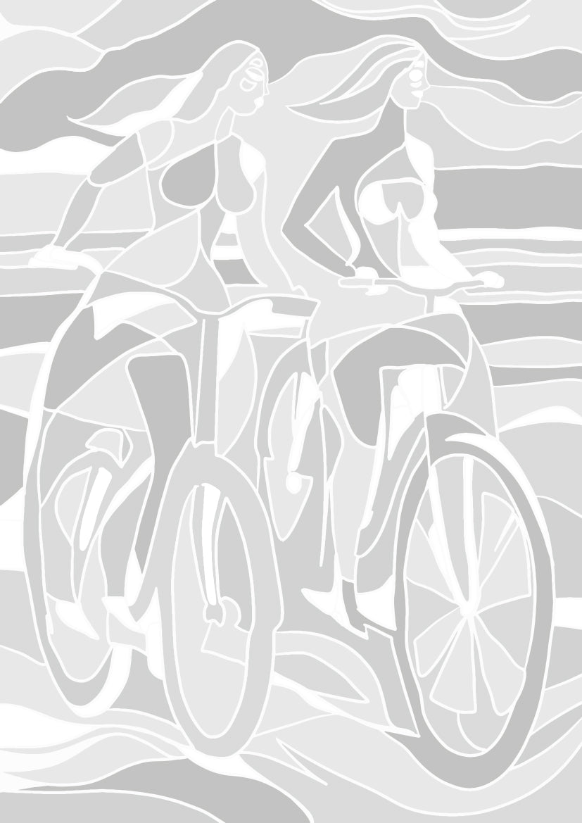 Papier peint panoramique Balade à Bicyclettes de Zontone représentant deux femmes à vélo dans un paysage graphique en gris.