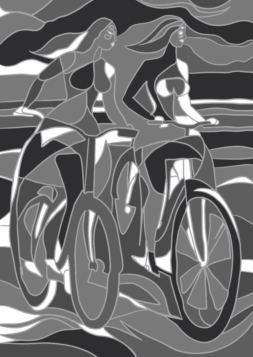 Papier peint panoramique Balade à Bicyclettes de Zontone représentant deux femmes à vélo dans un paysage graphique en noir et blanc.
