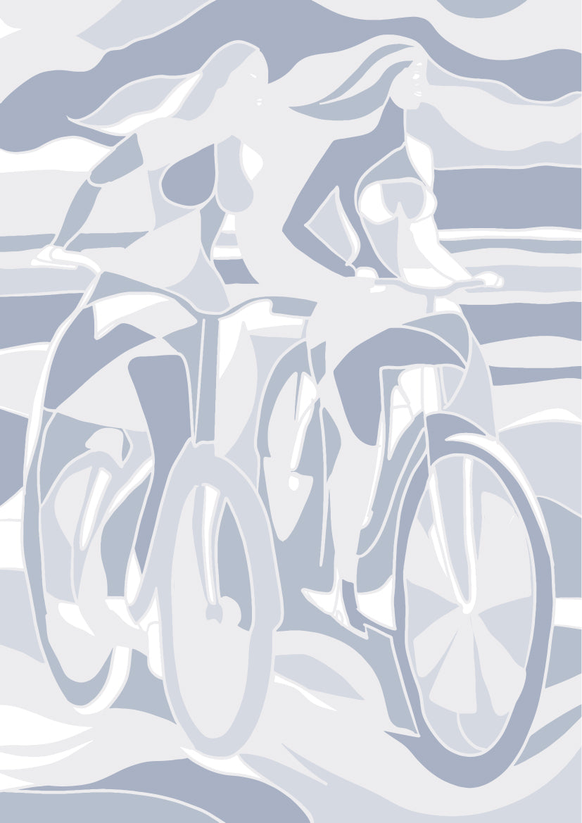 Papier peint panoramique Balade à Bicyclettes de Zontone représentant deux femmes à vélo dans un paysage graphique en bleu pastel.