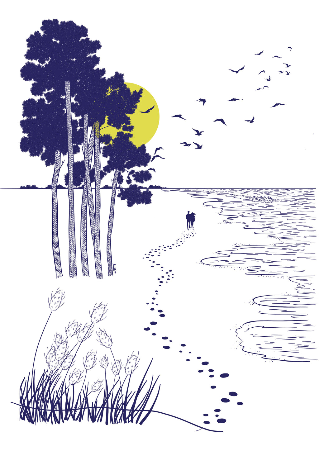 Papier peint panoramique Balade jaune de Lucille T représentant un couple marchant sur une plage dans un style illustré.