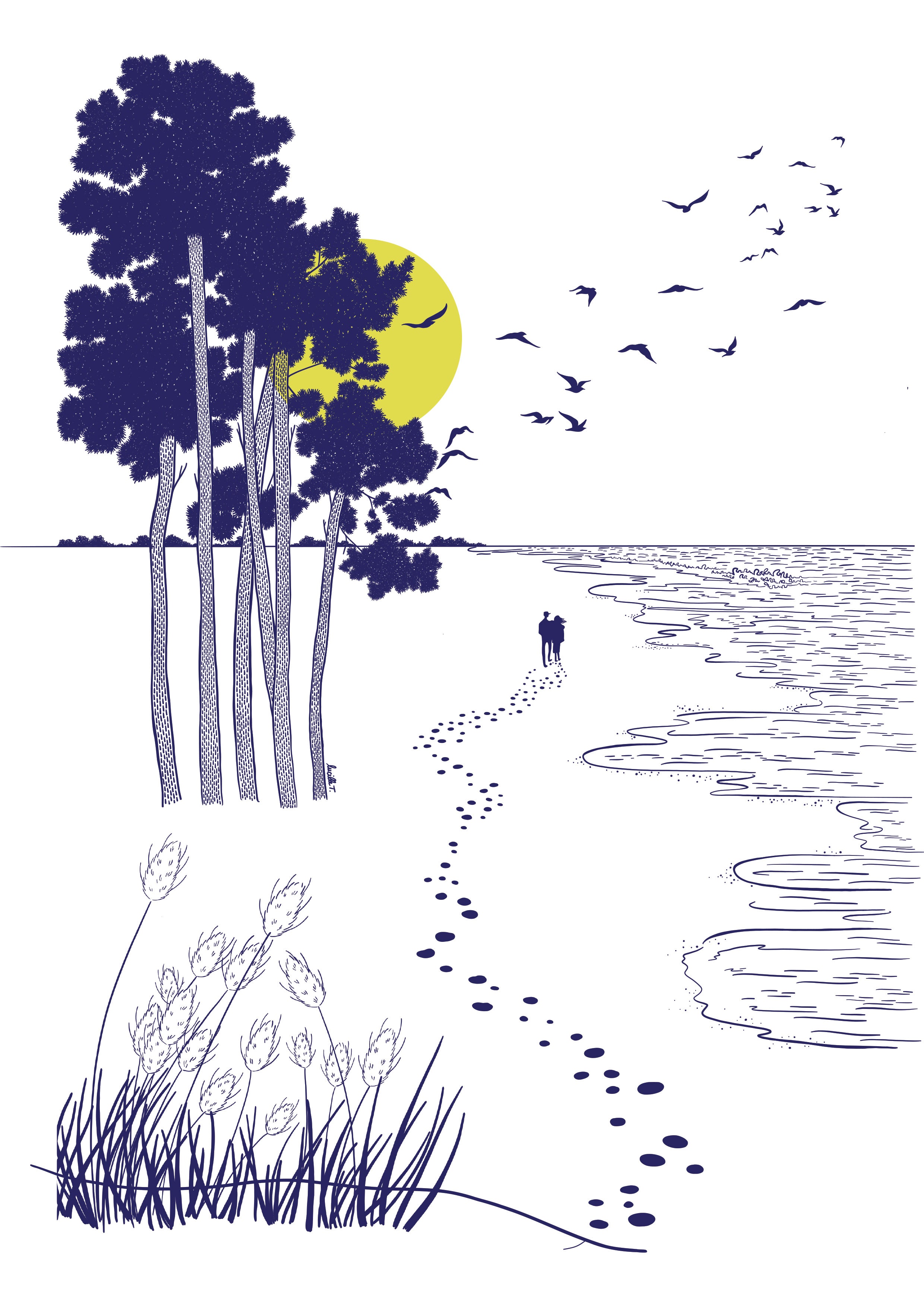 Papier peint panoramique Balade jaune de Lucille T représentant un couple marchant sur une plage dans un style illustré.