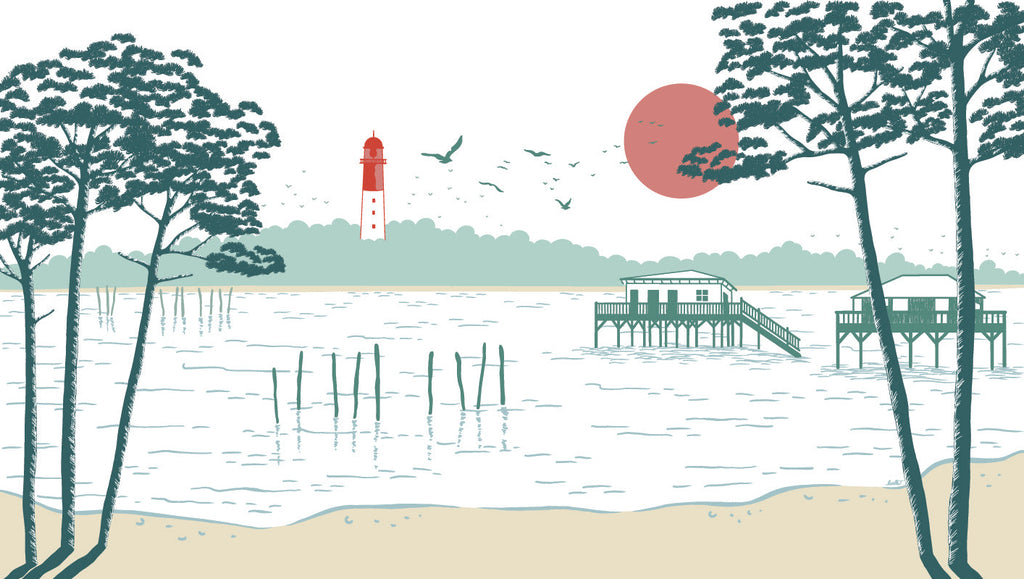 Papier peint panoramique Brise sur le Bassin de Lucille T représentant un paysage inspiré du Bassin d'Arcachon dans un style illustré.