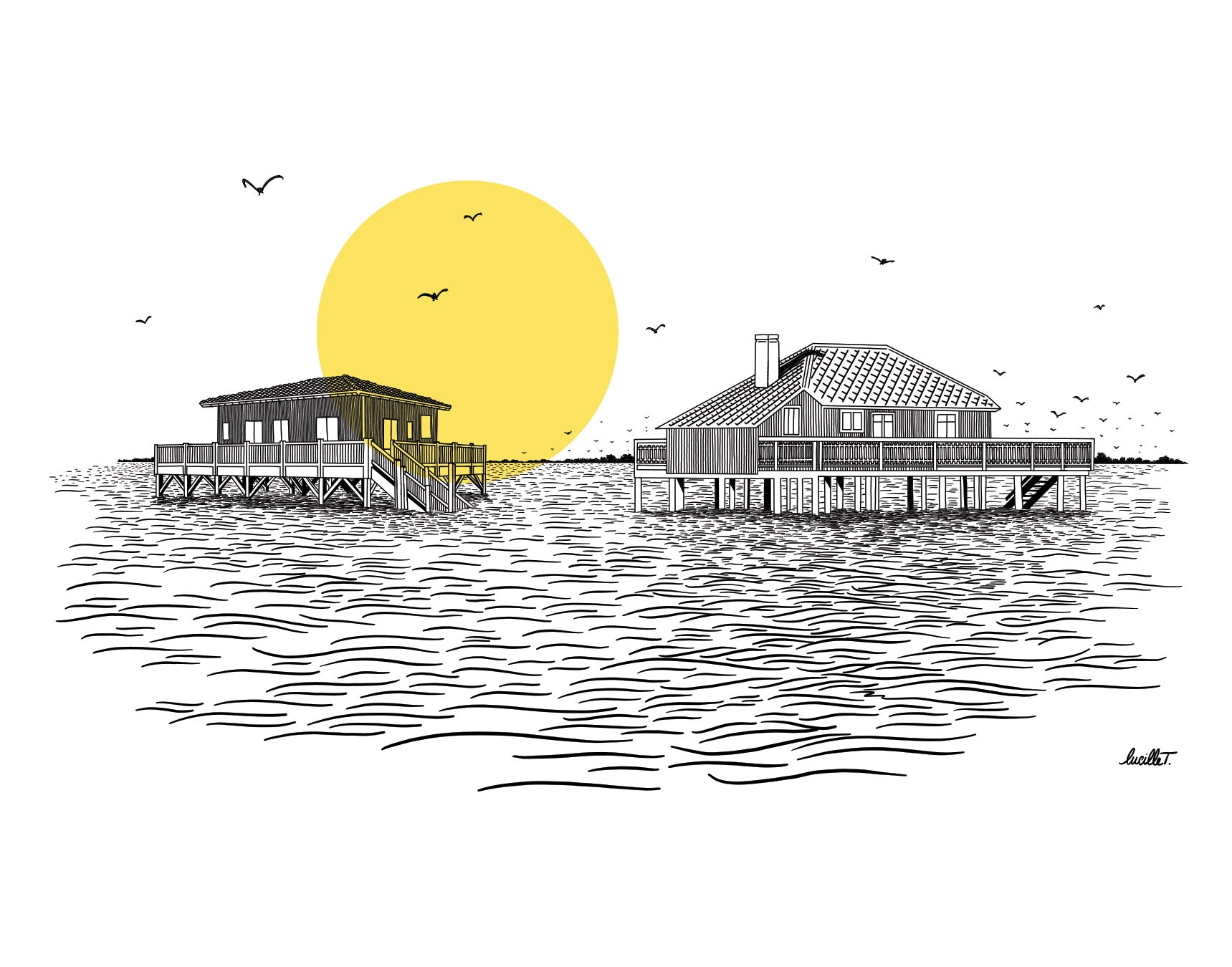 Papier peint panoramique Cabanes Tchanquées jaune de Lucille T représentant les cabanes sur pilotis du Bassin d'Arcachon.