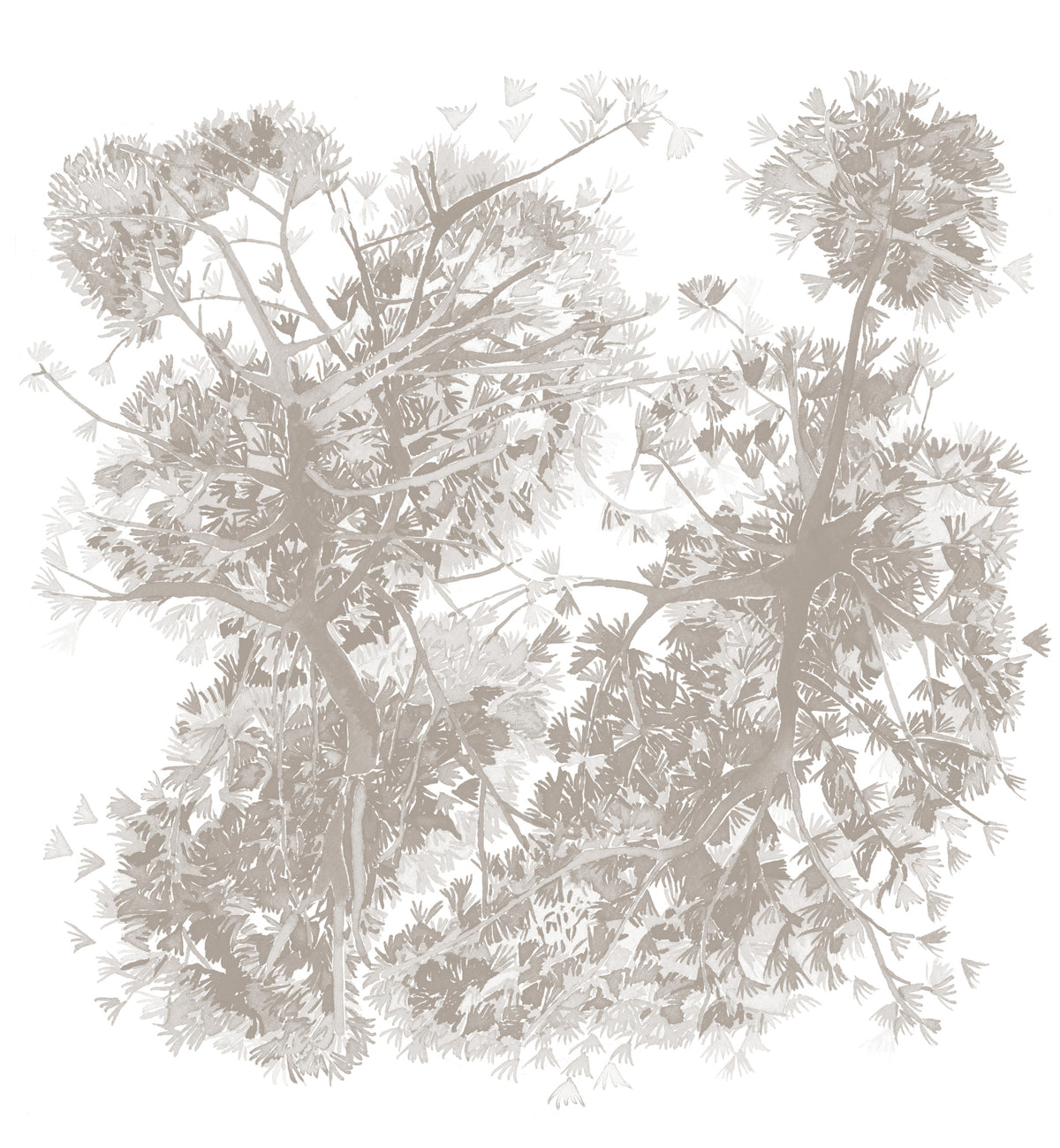 Papier peint panoramique Canopée de Nada Matta représentant une jungle tropicale luxuriante en beige et blanc avec palmiers, fougères et bananiers.