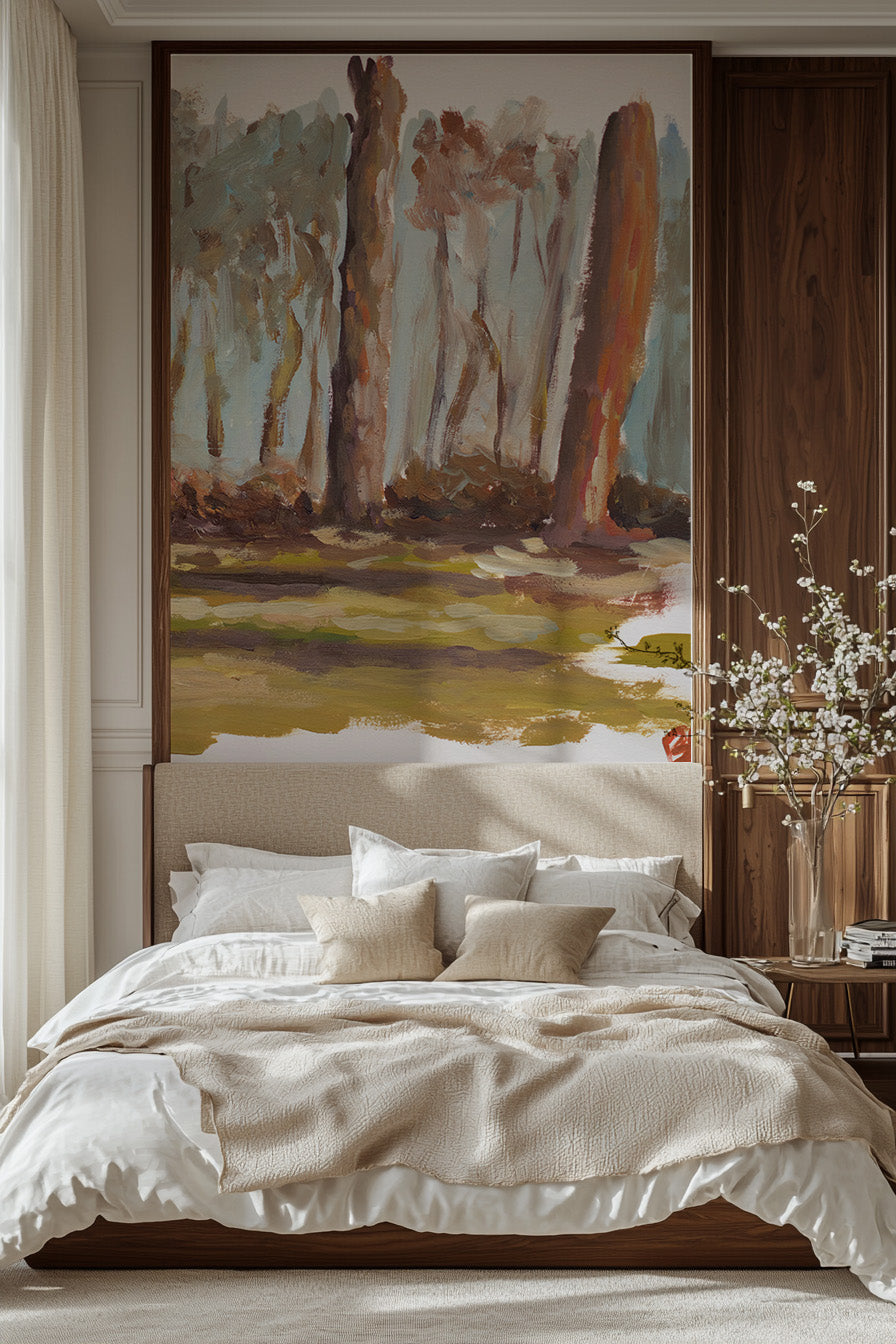 Papier peint panoramique À l'orée des bois installé dans une chambre contemporain.