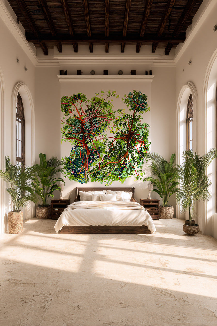 Papier peint panoramique Canopée vert installé dans une chambre végétale. 