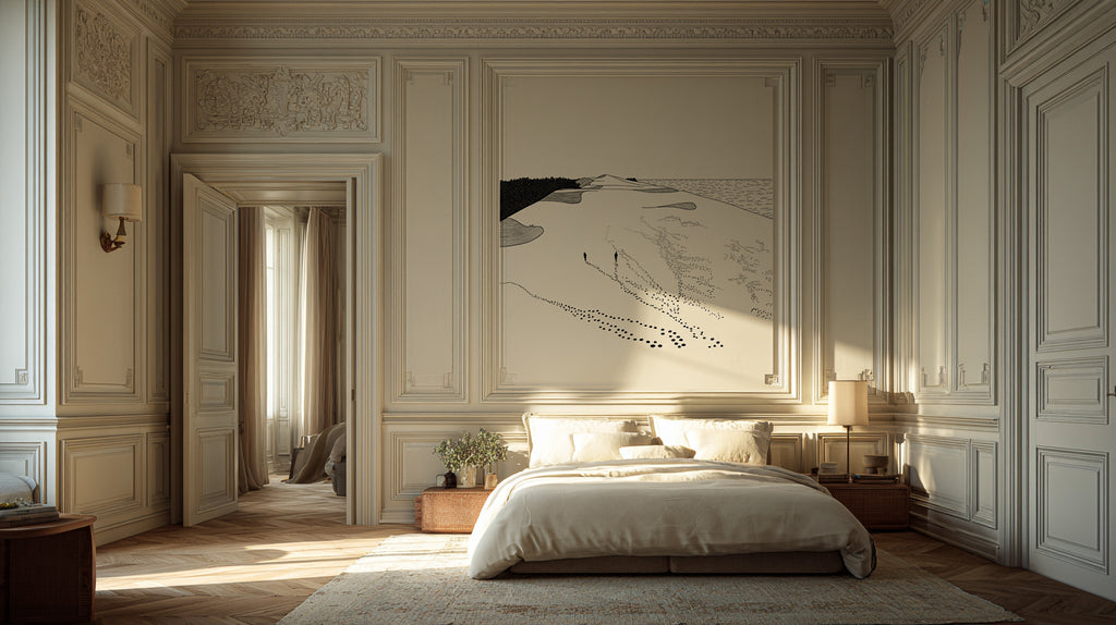 Papier peint panoramique Dune du Pilat installé dans une chambre lumineuse.