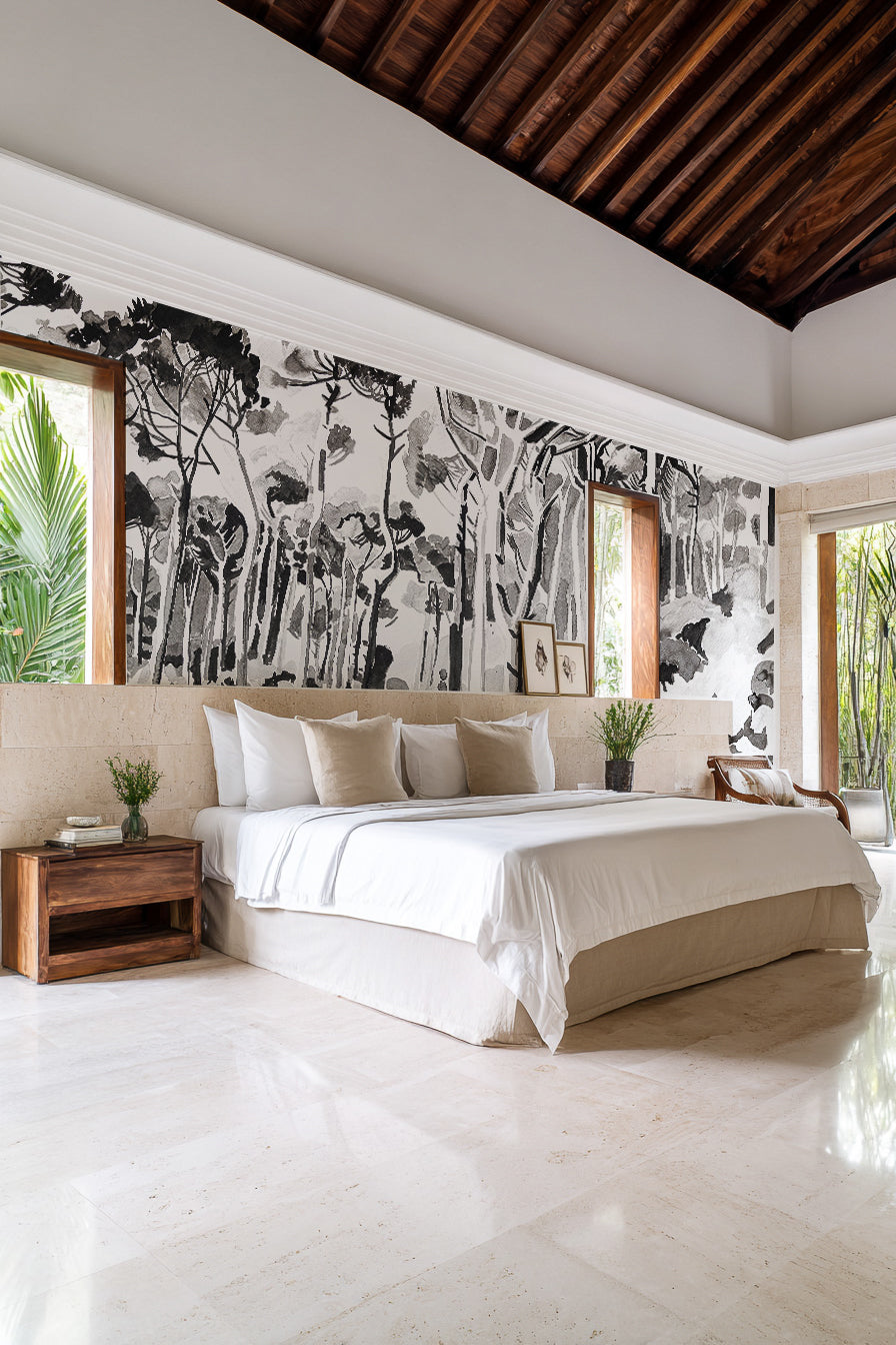 Papier peint panoramique Ensemble noir et blanc installé dans une chambre contemporaine.
