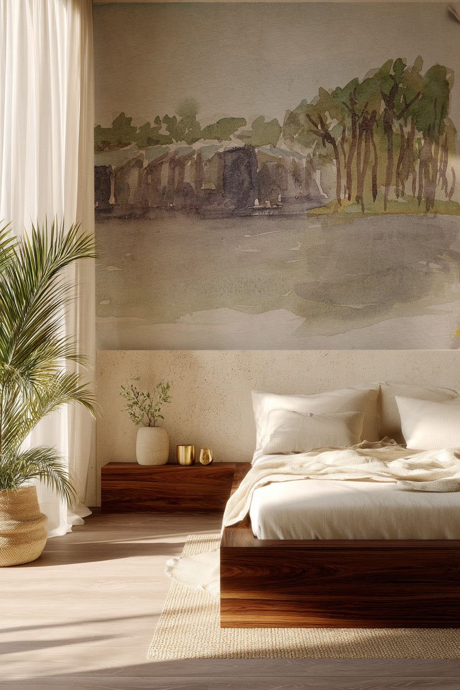 Papier peint panoramique Les maisons du lac installé dans une chambre contemporaine.