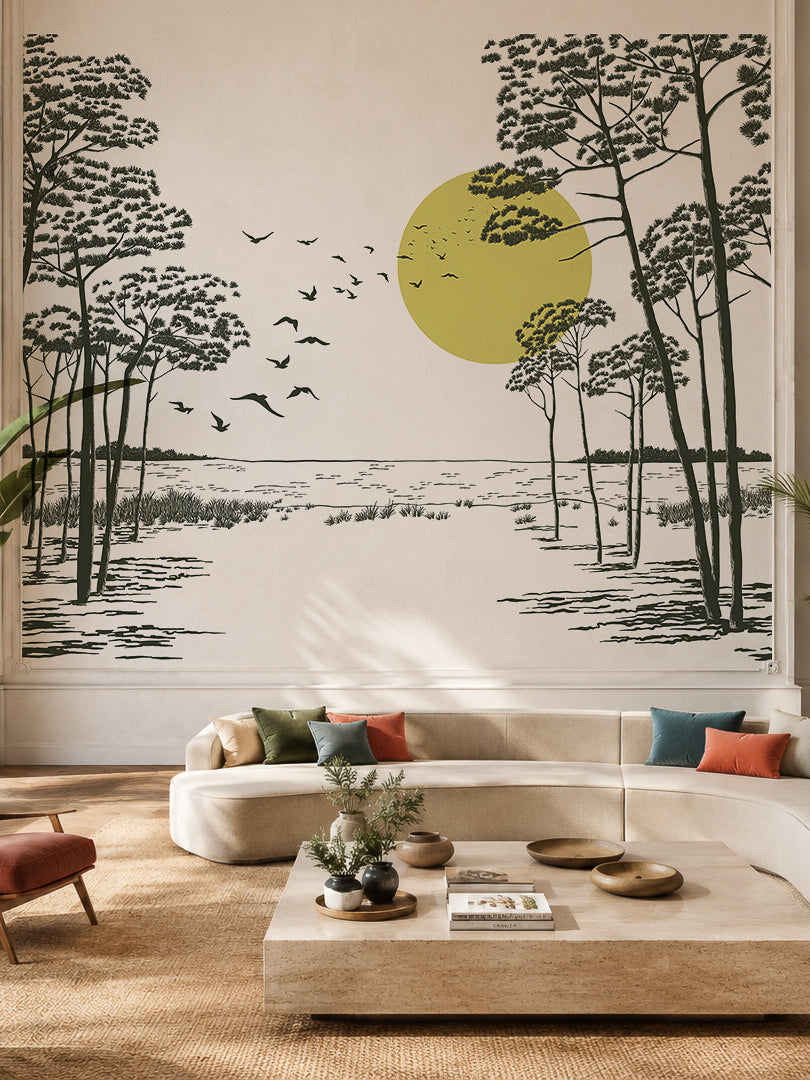Papier peint panoramique Ombre des Pins installé dans une chambre lumineuse.