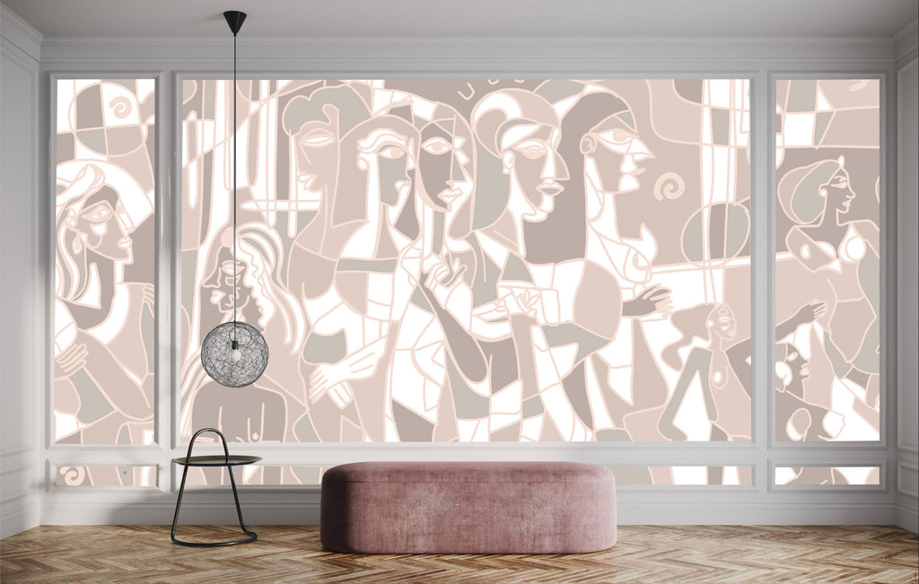 Papier peint panoramique Mosaïque humaine beige installé dans un couloir lumineux. 
