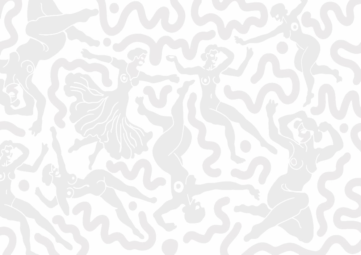 Papier peint à motif répétitif Danse des silhouettes de Zontone représentant des silhouettes en mouvement mêlées à des formes organiques.
