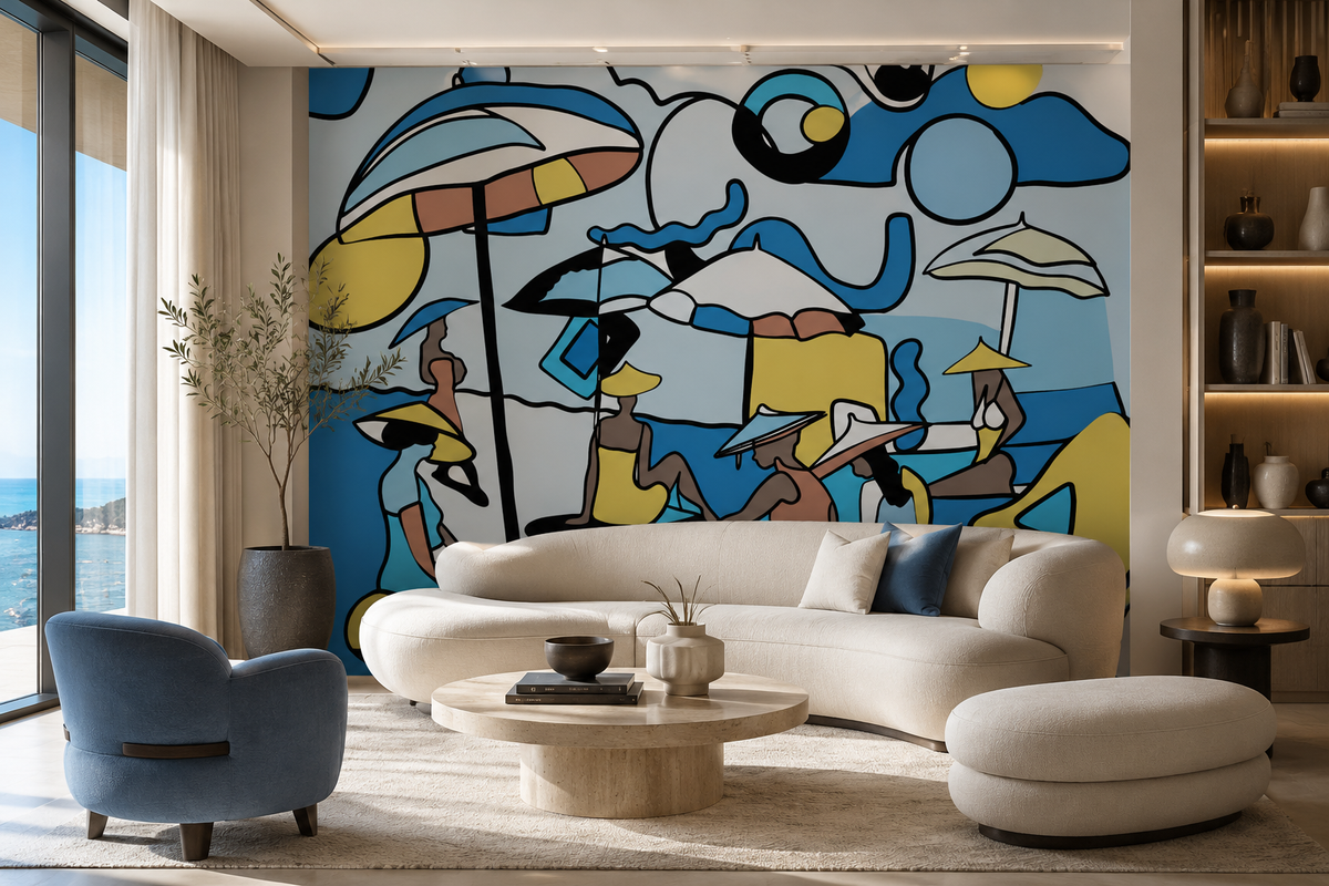 Papier peint panoramique Dérives cubaines bleu ciel installé dans un salon contemporain. 