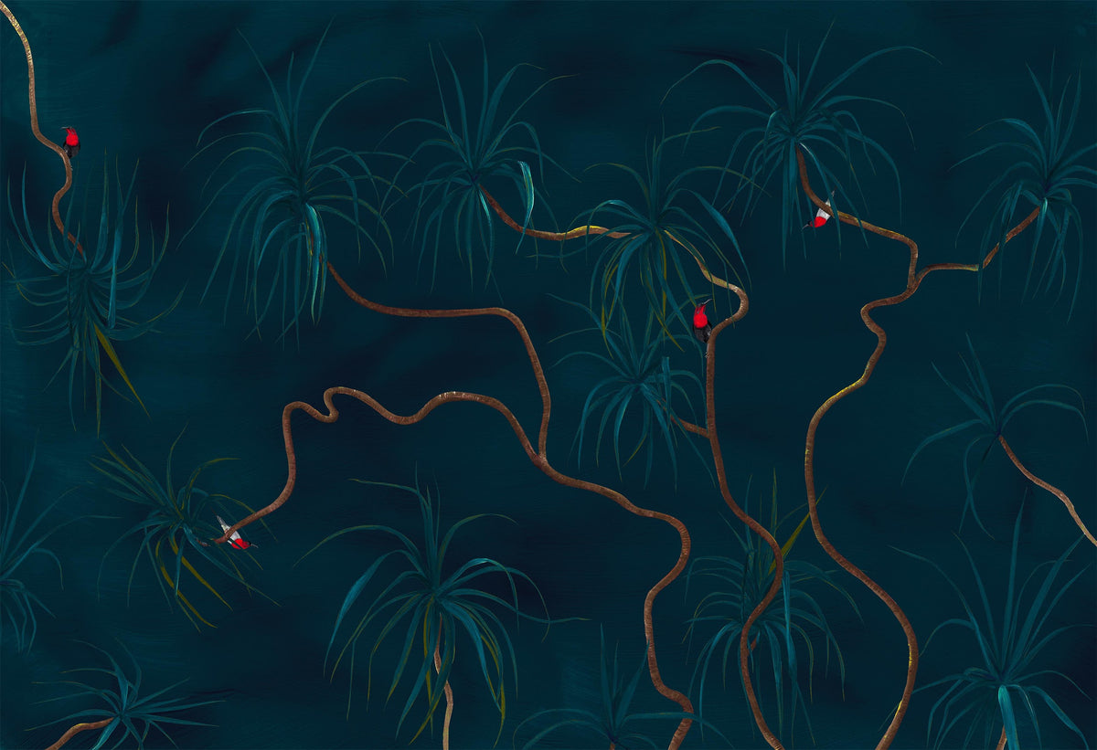 Papier peint panoramique Dragonnier bleu  d'Amélie Noel représentant des dragonniers, des oiseaux colorés et des feuillages turquoises sur fond bleu.