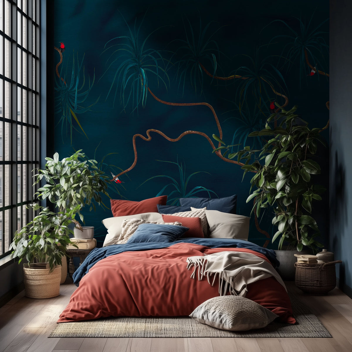 Papier peint panoramique Dragonnier bleu installé dans une chambre contemporaine.