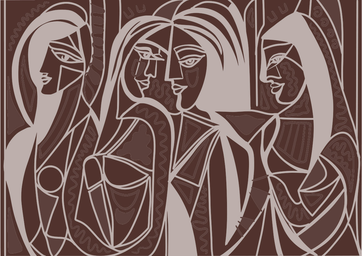 Papier peint panoramique Femmes et Facettes de Zontone représentant trois portraits féminins dans un style géométrique marron. 
