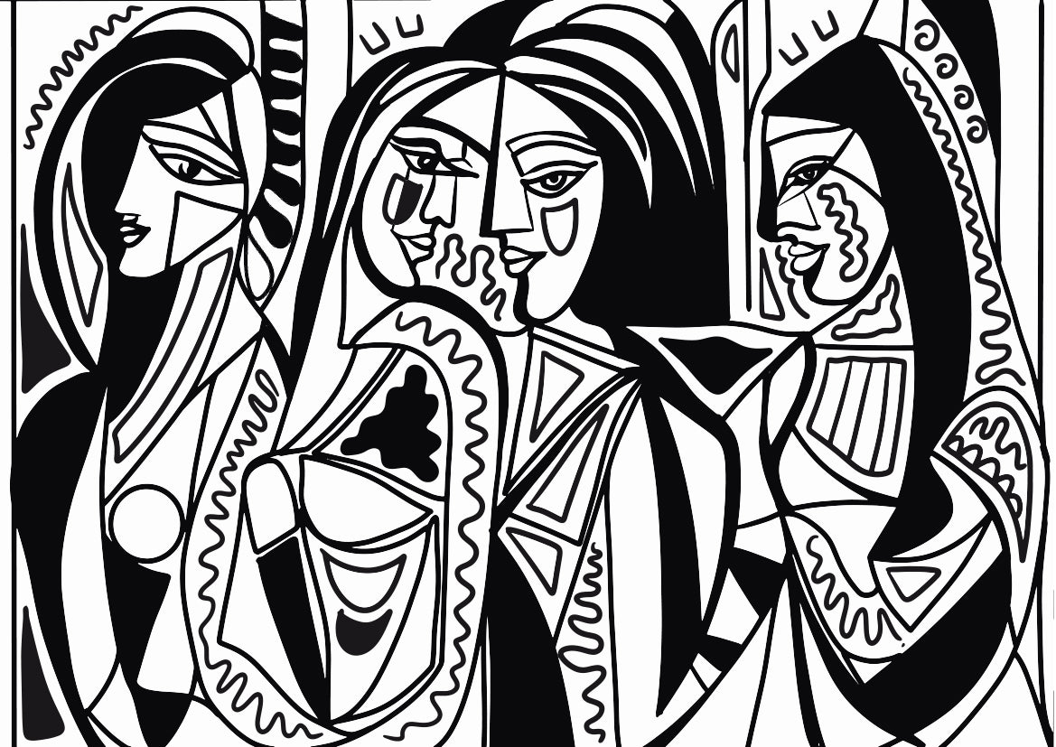 Papier peint panoramique Femmes et Facettes de Zontone représentant trois portraits féminins dans un style géométrique noir et blanc.