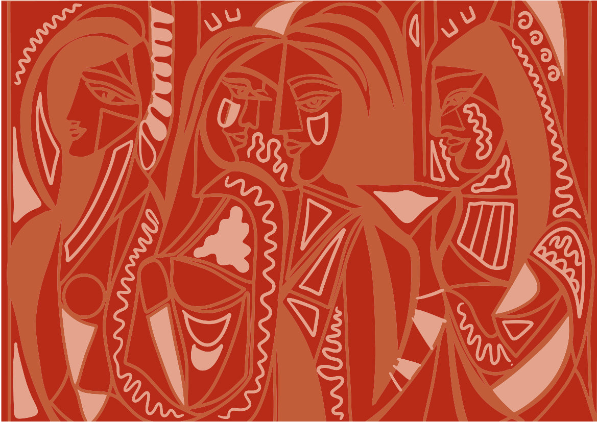 Papier peint panoramique Femmes et Facettes de Zontone représentant trois portraits féminins dans un style géométrique orange. 