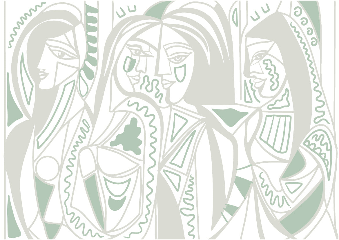 Papier peint panoramique Femmes et Facettes de Zontone représentant trois portraits féminins dans un style géométrique pastel. 