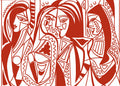 Papier peint panoramique Femmes et Facettes de Zontone représentant trois portraits féminins dans un style géométrique rouge.