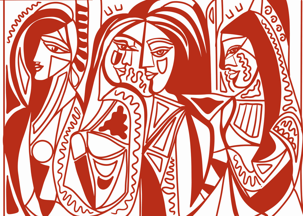 Papier peint panoramique Femmes et Facettes de Zontone représentant trois portraits féminins dans un style géométrique rouge.