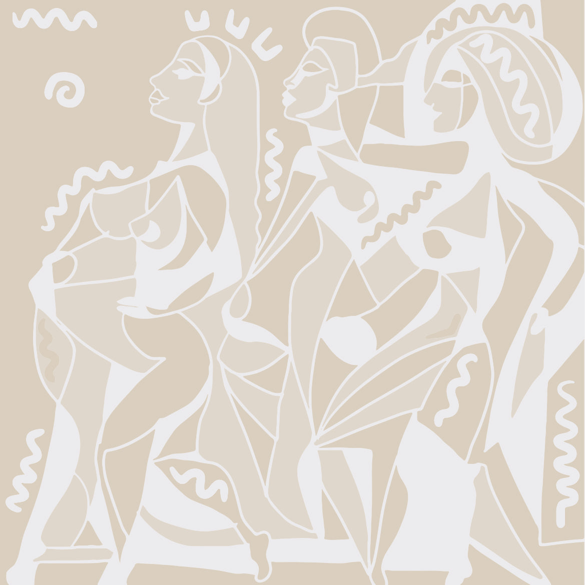 Papier peint panoramique Horizon Commun de Zontone représentant trois silhouettes féminines en mouvement dans un style graphique beige. 