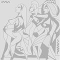 Papier peint panoramique Horizon Commun de Zontone représentant trois silhouettes féminines en mouvement dans un style graphique gris.