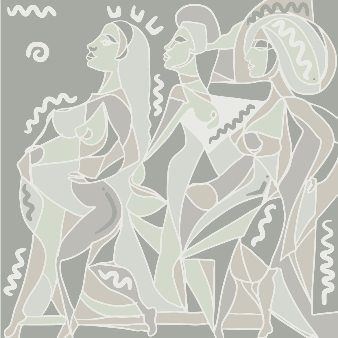 Papier peint panoramique Horizon Commun de Zontone représentant trois silhouettes féminines en mouvement dans un style graphique pastel.