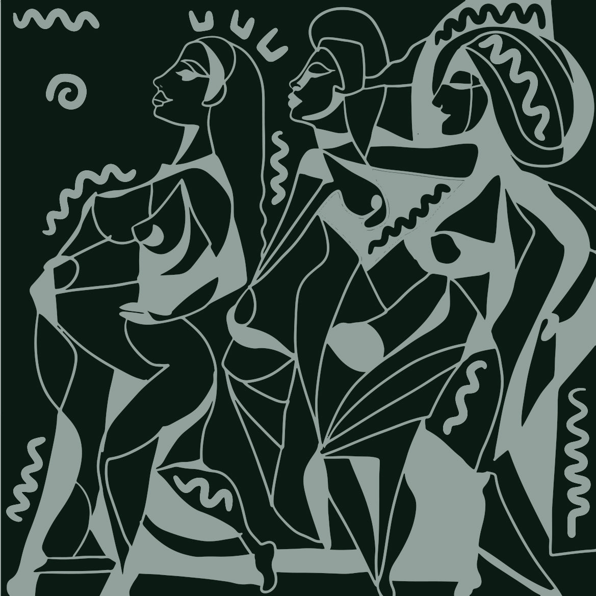 Papier peint panoramique Horizon Commun de Zontone représentant trois silhouettes féminines en mouvement dans un style graphique vert forêt. 