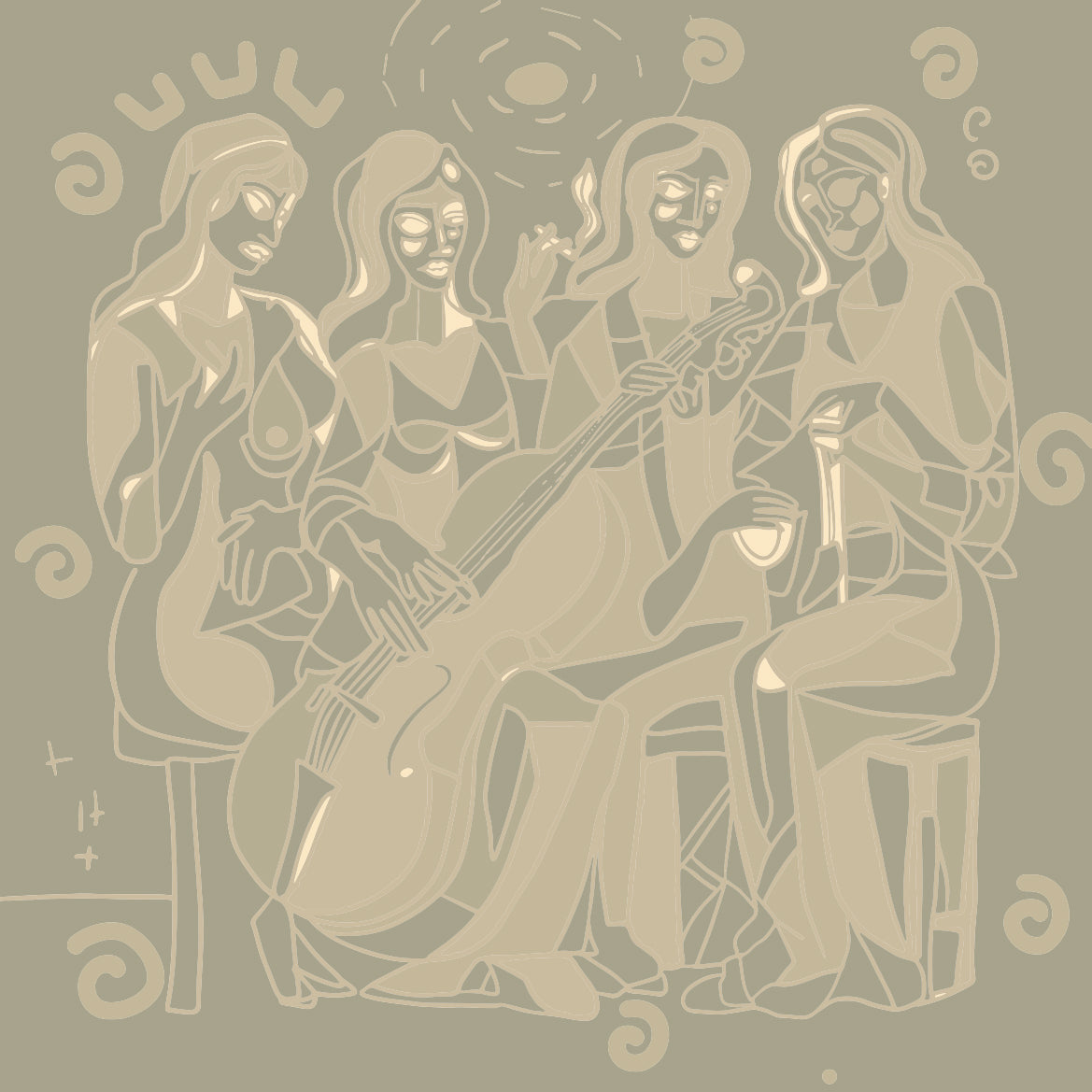 Papier peint panoramique Jazz 90 de Zontone représentant des musiciennes avec une contrebasse et un violoncelle dans un décor graphique.