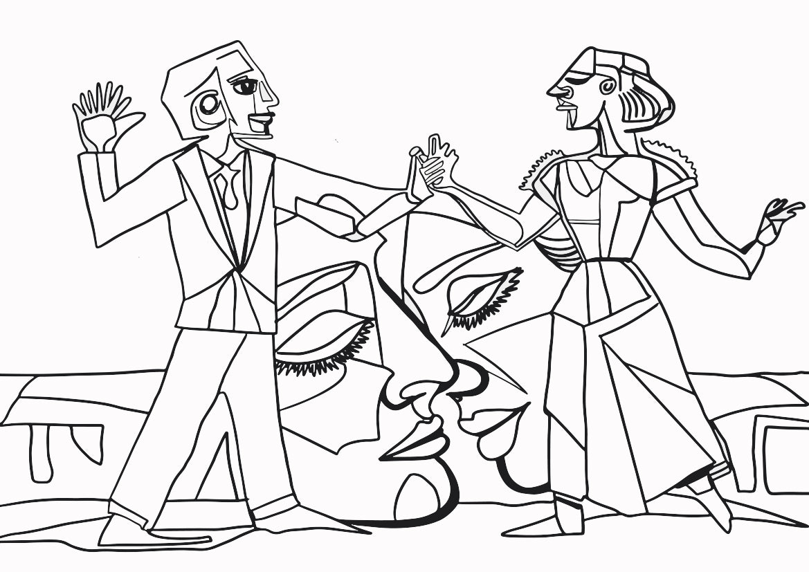 Papier peint panoramique L'Essence de l'Amour de Zontone représentant un couple dansant et un visage aux yeux clos dans un style graphique noir et blanc.