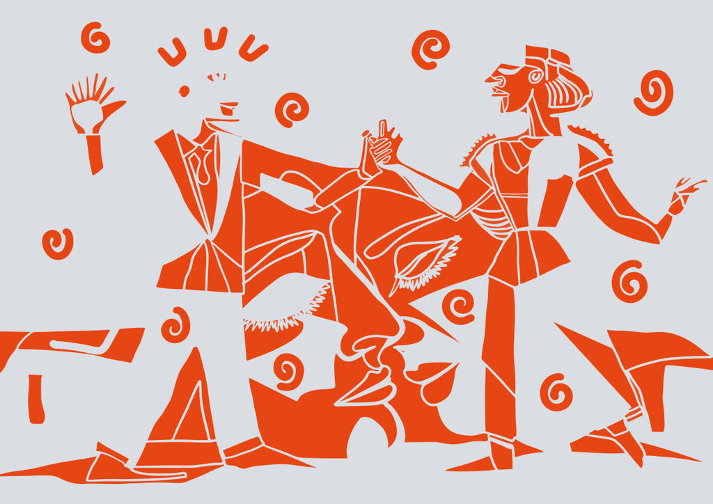 Papier peint panoramique L'Essence de l'Amour de Zontone représentant un couple dansant et un visage aux yeux clos dans un style graphique orange. 
