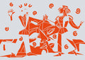 Papier peint panoramique L'Essence de l'Amour de Zontone représentant un couple dansant et un visage aux yeux clos dans un style graphique orange. 
