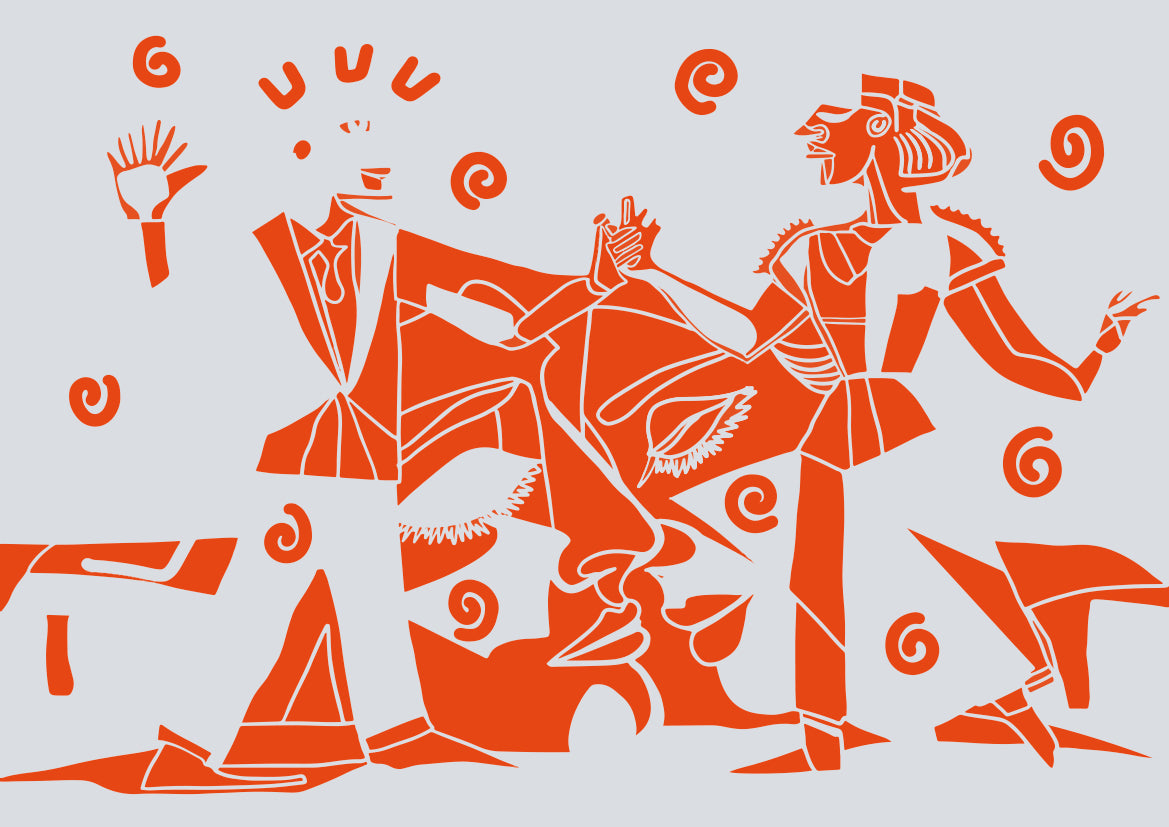 Papier peint panoramique L'Essence de l'Amour de Zontone représentant un couple dansant et un visage aux yeux clos dans un style graphique orange. 