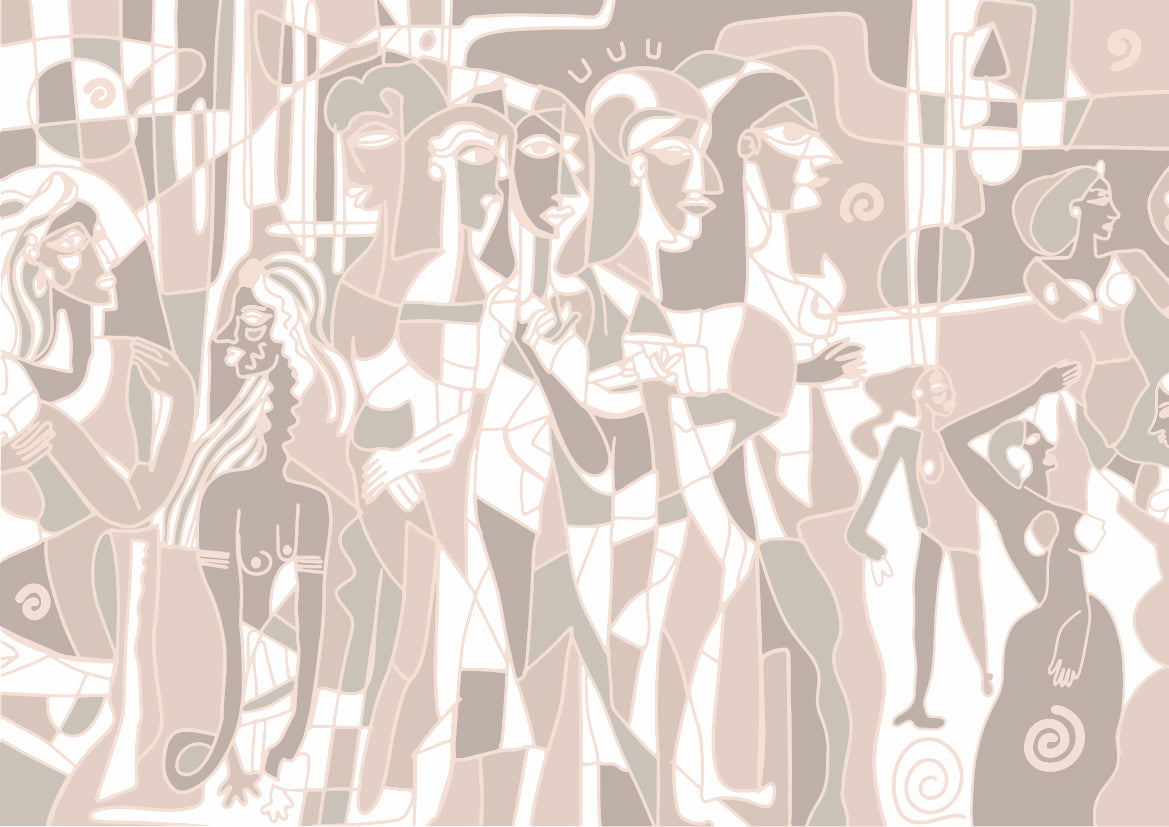 Papier peint panoramique Mosaïque Humaine de Zontone représentant une multitude de visages et silhouettes imbriqués dans un style graphique beige. 
