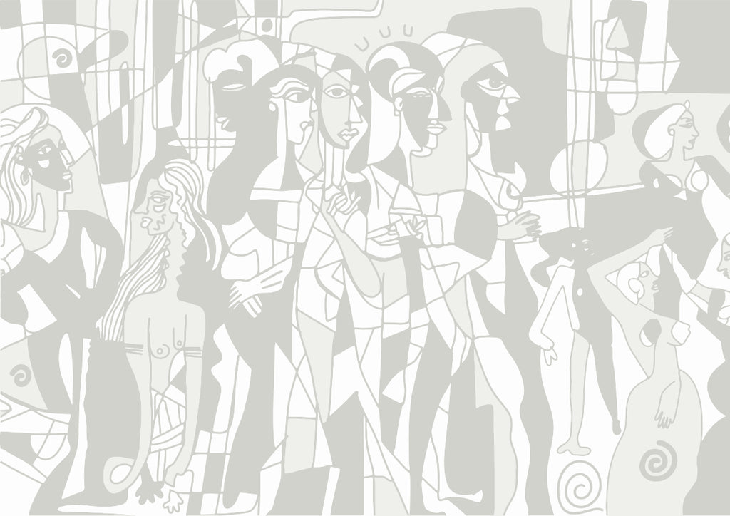 Papier peint panoramique Mosaïque Humaine de Zontone représentant une multitude de visages et silhouettes imbriqués dans un style graphique gris et blanc.