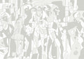 Papier peint panoramique Mosaïque Humaine de Zontone représentant une multitude de visages et silhouettes imbriqués dans un style graphique gris et blanc.