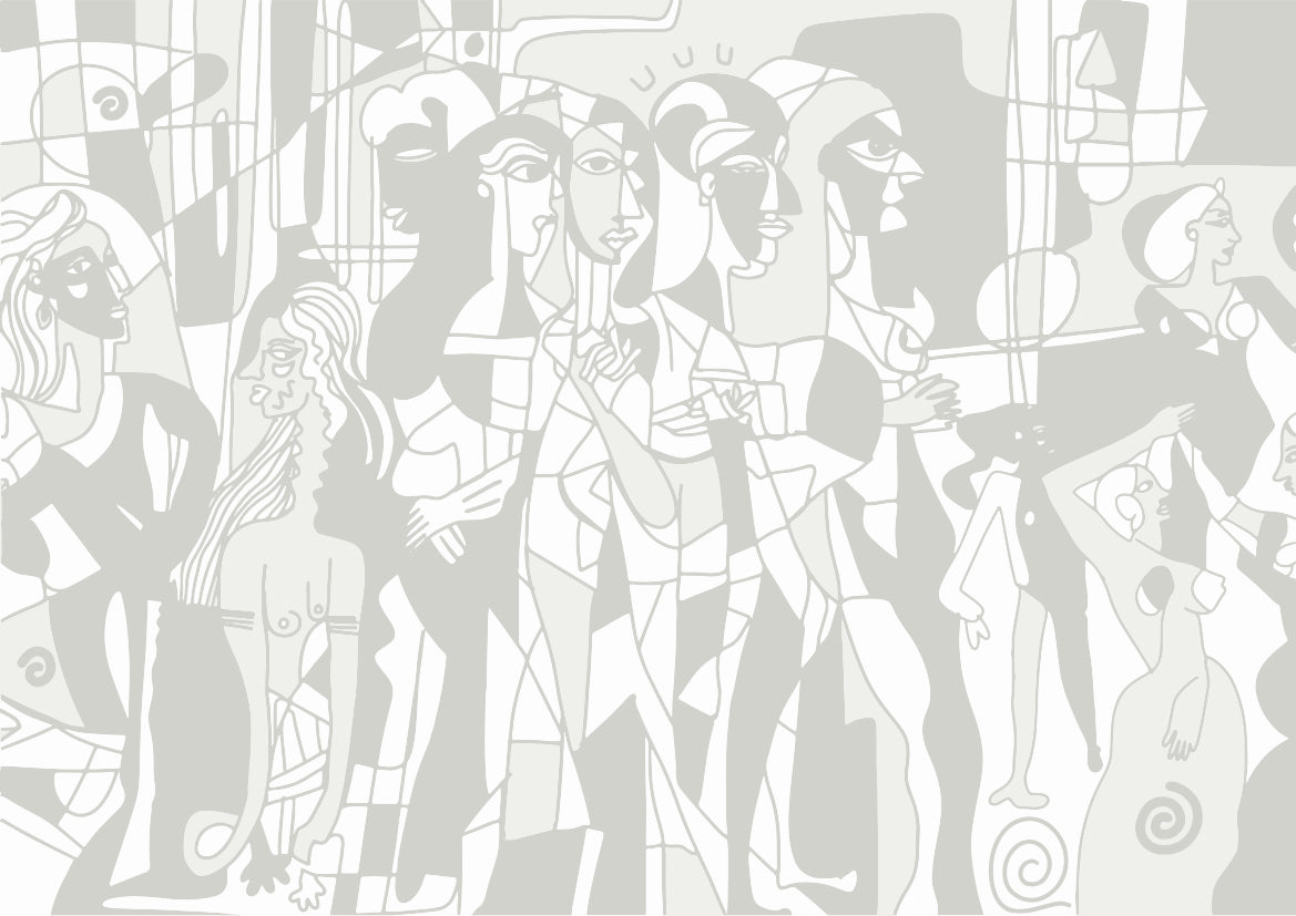 Papier peint panoramique Mosaïque Humaine de Zontone représentant une multitude de visages et silhouettes imbriqués dans un style graphique gris et blanc.