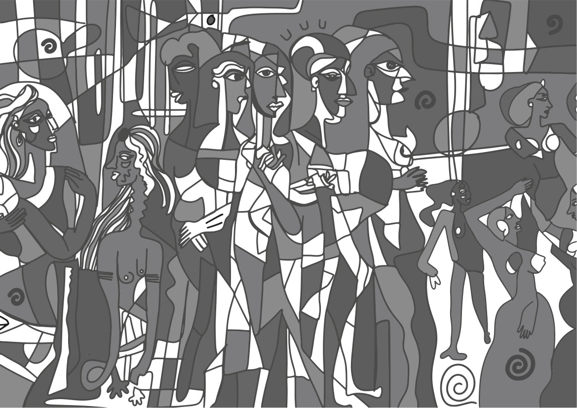 Papier peint panoramique Mosaïque Humaine de Zontone représentant une multitude de visages et silhouettes imbriqués dans un style graphique noir.