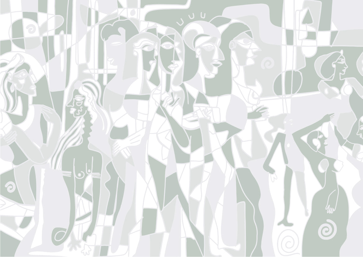 Papier peint panoramique Mosaïque Humaine de Zontone représentant une multitude de visages et silhouettes imbriqués dans un style graphique pastel. 