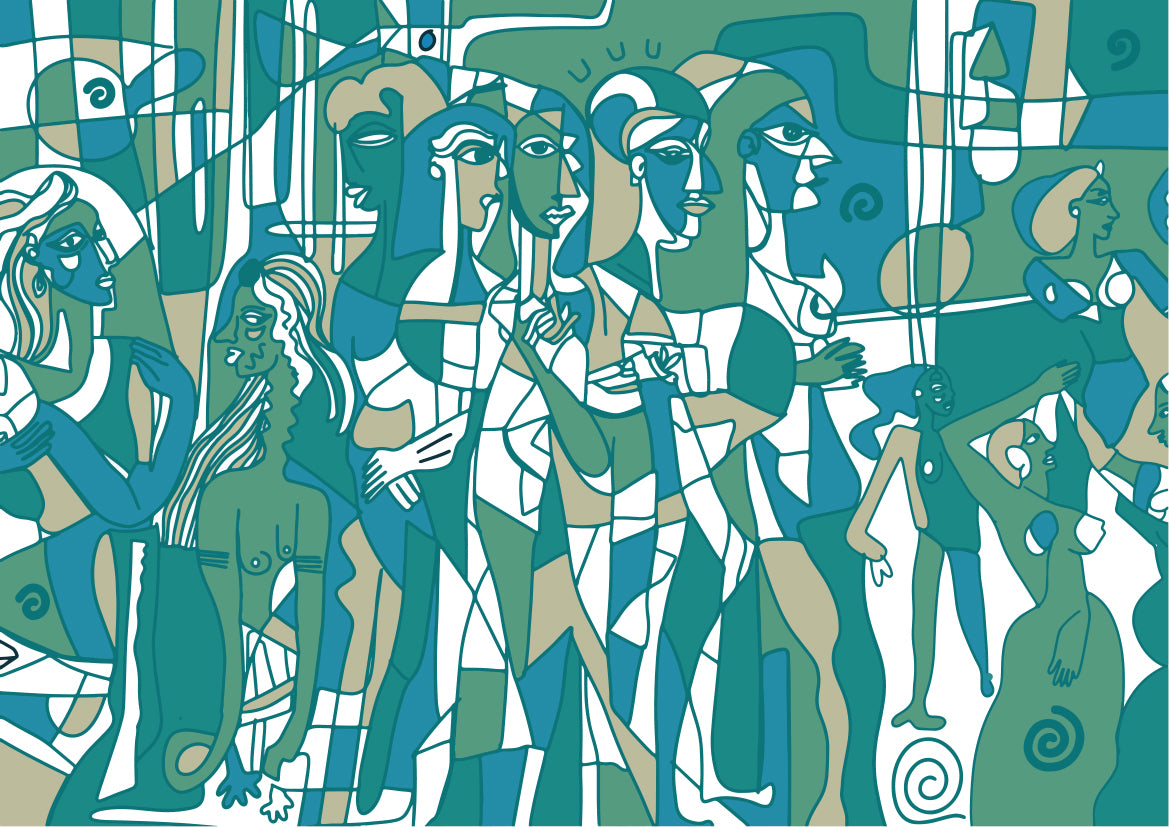 Papier peint panoramique Mosaïque Humaine de Zontone représentant une multitude de visages et silhouettes imbriqués dans un style graphique vert. 